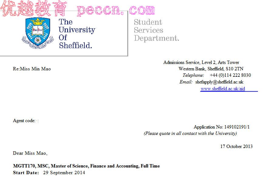 恭喜這位Mao同學(xué)成功被謝菲爾德大學(xué)金融與會計碩士專業(yè)錄取-優(yōu)越教育