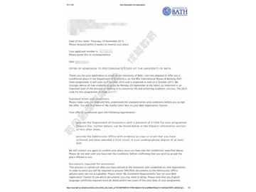 恭喜劉同學獲得巴斯大學國際貨幣與銀行專業(yè)碩士通知書