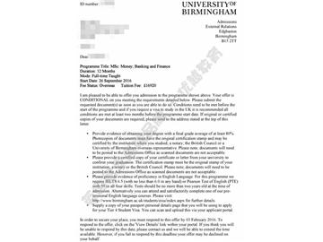 恭喜許同學獲得伯明翰大學貨幣，銀行與金融專業(yè)碩士通知書