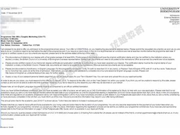 恭喜丁同學獲得伯明翰大學市場營銷專業(yè)碩士通知書