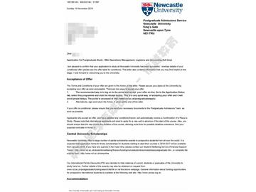 恭喜李同學獲得紐卡斯爾大學運營管理，物流與會計專業(yè)碩士通知書