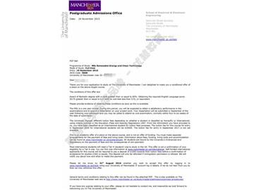 恭喜毛同學獲得曼徹斯特大學可再生能源與清潔技術專業(yè)碩士通知書