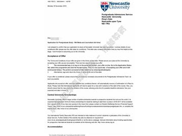 恭喜于同學獲得紐卡斯爾大學傳媒與新聞專業(yè)碩士通知書