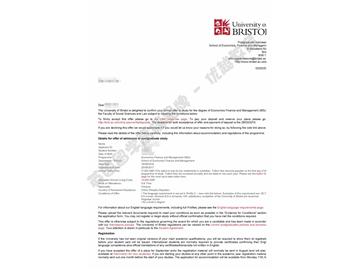 恭喜齊同學(xué)獲得布里斯托大學(xué)經(jīng)濟(jì)金融與管理學(xué)專業(yè)碩士通知書(shū)