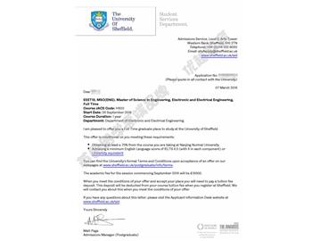 恭喜程同學獲得謝菲爾德大學電子電氣工程專業(yè)碩士通知書