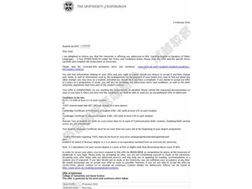 恭喜方同學獲得愛丁堡大學對外英語教學專業(yè)碩士通知書