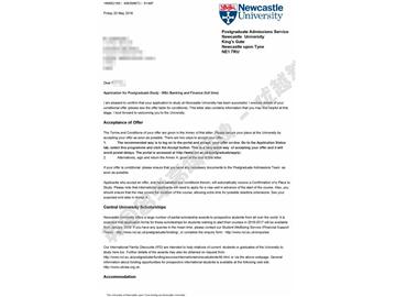  恭喜秦同學獲得紐卡斯爾大學銀行與金融專業(yè)碩士通知書