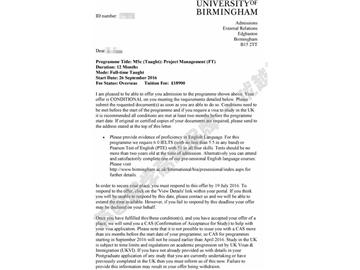 恭喜瞿同學獲得伯明翰大學項目管理專業(yè)碩士通知書