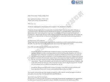 恭喜劉同學(xué)獲得巴斯大學(xué)數(shù)學(xué)現(xiàn)代應(yīng)用學(xué)專業(yè)碩士通知書