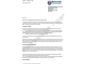 恭喜于同學(xué)獲得紐卡斯?fàn)柎髮W(xué)計(jì)算機(jī)科學(xué)專業(yè)碩士通知書