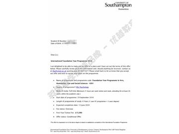  恭喜朱同學(xué)獲得南安普頓大學(xué)心理學(xué)專業(yè)本科通知書