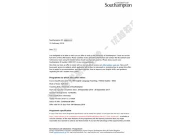 恭喜孫同學(xué)獲得南安普敦大學(xué)對外英語教學(xué)研究專業(yè)碩士通知書