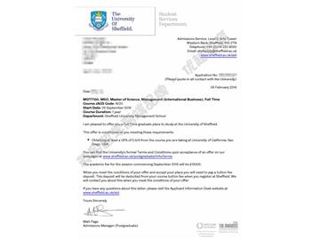 恭喜林同學(xué)獲得謝菲爾德大學(xué)管理學(xué)專業(yè)碩士通知書
