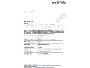 恭喜齊同學(xué)獲得南安普頓大學(xué)運(yùn)籌學(xué)與金融專業(yè)碩士通知書