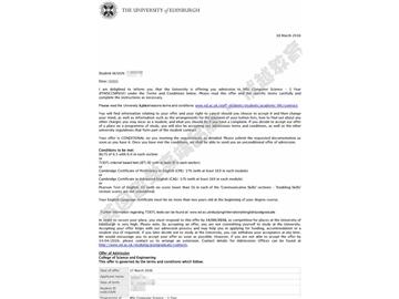 恭喜金同學(xué)獲得愛丁堡大學(xué)計(jì)算機(jī)科學(xué)專業(yè)碩士通知書
