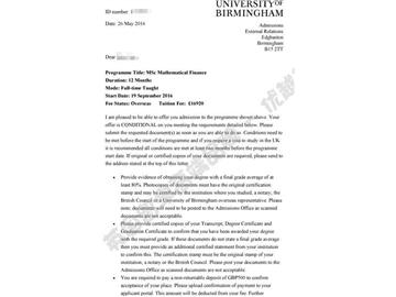 恭喜秦同學(xué)獲得伯明翰大學(xué)數(shù)學(xué)金融專業(yè)碩士通知書