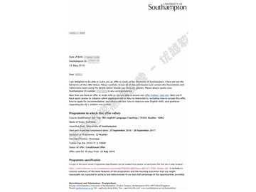  恭喜于同學(xué)獲得南安普頓大學(xué)對(duì)外英語教學(xué)研究專業(yè)碩士通知書