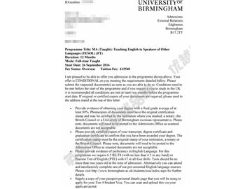 恭喜曲同學(xué)獲得伯明翰大學(xué)對(duì)外英語教學(xué)專業(yè)碩士通知書