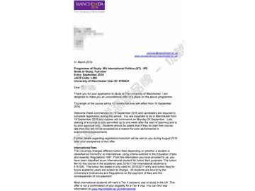 恭喜季同學獲得曼徹斯特大學國際政治專業(yè)碩士通知書