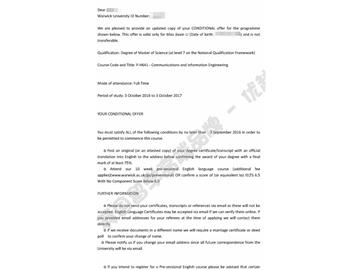  恭喜季同學獲得華威大學通信與信息工程專業(yè)碩士通知書