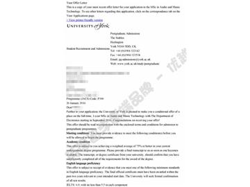 恭喜曲同學獲得約克大學音頻與音樂專業(yè)碩士通知書