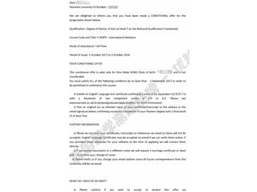  恭喜余同學獲得華威大學國際關系專業(yè)碩士通知書