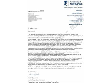  恭喜朱同學(xué)獲得諾丁漢大學(xué)人力資源管理與組織專業(yè)碩士通知書