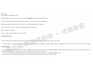 恭喜吳同學(xué)獲得華威大學(xué)經(jīng)濟(jì)與國際金融專業(yè)碩士通知書