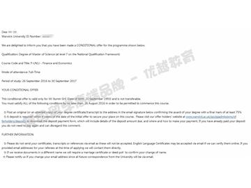 恭喜金同學(xué)獲得華威大學(xué)金融與經(jīng)濟(jì)學(xué)專業(yè)碩士通知書