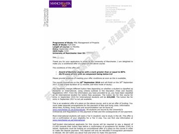 恭喜丁同學(xué)獲得曼徹斯特大學(xué)項(xiàng)目管理專業(yè)碩士通知書(shū)