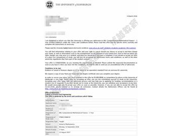  恭喜劉同學(xué)獲得愛(ài)丁堡大學(xué)計(jì)算數(shù)學(xué)金融專業(yè)碩士通知書(shū)