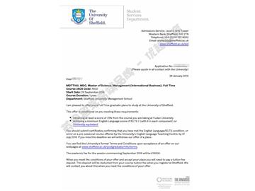   恭喜尹同學(xué)獲得謝菲爾德大學(xué)管理學(xué)專業(yè)碩士通知書(shū)