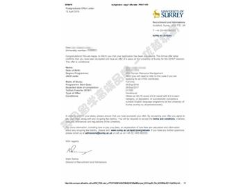 恭喜丁同學(xué)獲得薩里大學(xué)人力資源管理專業(yè)碩士通知書(shū)
