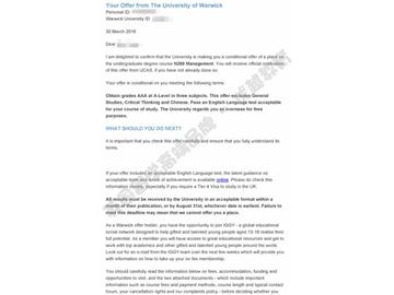 恭喜包同學(xué)獲得華威大學(xué)管理學(xué)專業(yè)本科通知書