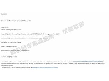 恭喜張同學獲得華威大學金融學專業(yè)碩士通知書