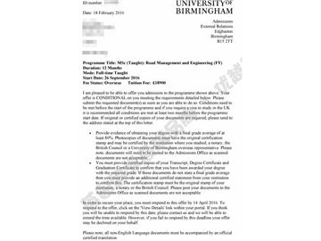 恭喜方同學(xué)獲得伯明翰大學(xué)道路管理與工程專業(yè)碩士通知書