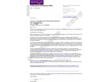  恭喜李同學(xué)獲得曼徹斯特大學(xué)電力系統(tǒng)工程專業(yè)碩士通知書