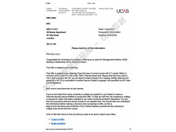 恭喜吳同學(xué)獲得萊斯特大學(xué)管理學(xué)專業(yè)本科通知書