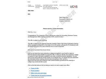 恭喜丁同學(xué)獲得約克大學(xué)會(huì)計(jì)、商務(wù)金融與管理專(zhuān)業(yè)本科通知書(shū)