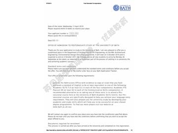 恭喜方同學(xué)獲得巴斯大學(xué)建筑工程：環(huán)境設(shè)計(jì)專(zhuān)業(yè)碩士通知書(shū)