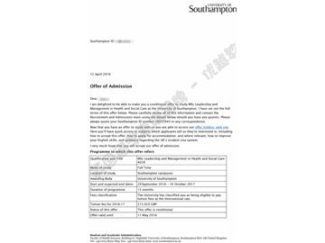恭喜郭同學(xué)獲得南安普頓大學(xué)衛(wèi)生和社會服務(wù)領(lǐng)導(dǎo)與管理專業(yè)碩士通知書