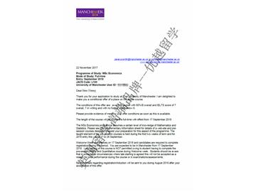 2018offer：恭喜朱同學(xué)獲得曼徹斯特大學(xué)經(jīng)濟學(xué)專業(yè)碩士通知書
