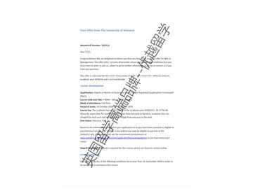 2018offer：恭喜胡同學(xué)獲得華威大學(xué)管理學(xué)專業(yè)碩士通知書