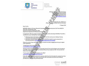 2019offer：恭喜王同學獲得謝菲爾德大學空氣動力學與飛機結(jié)構(gòu)專業(yè)碩士通知書
