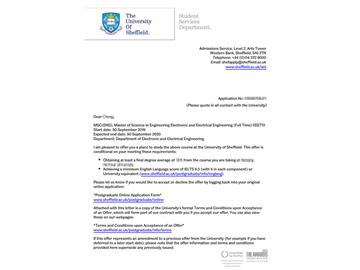 2019offer：恭喜張同學獲得謝菲爾德大學電子電氣工程專業(yè)碩士通知書