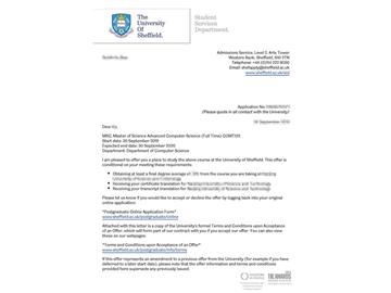 2019offer：恭喜方同學獲得謝菲爾德大學高級計算機科學專業(yè)碩士通知書