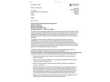2019offer：恭喜張同學獲得伯明翰大學市場營銷專業(yè)碩士通知書