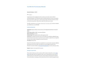 2019offer：恭喜李同學獲得華威大學國際關(guān)系專業(yè)碩士通知書