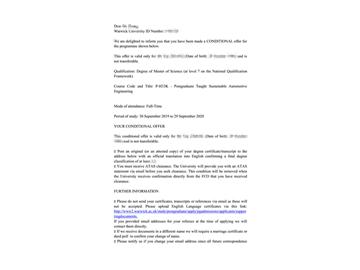 2019offer：恭喜趙同學(xué)獲得華威大學(xué)（世界排名：54）可持續(xù)汽車(chē)工程專業(yè)碩士通知書(shū)