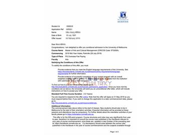2019offer：恭喜吳同學(xué)獲得墨爾本大學(xué)（世界排名：39）藝術(shù)文化管理專業(yè)碩士通知書